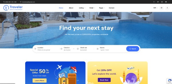 تصميم جاهز لموقع حجز فنادق من قالب Traveler - تصميم موقع حجز فنادق