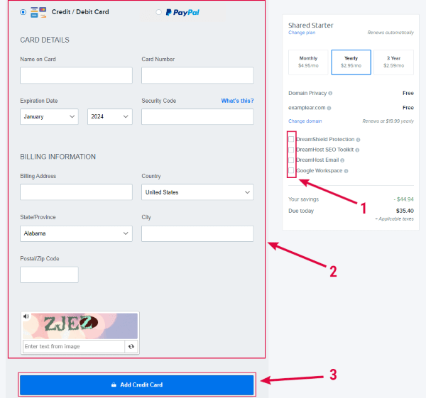 اختيار وسيلة الدفع دريم هوست